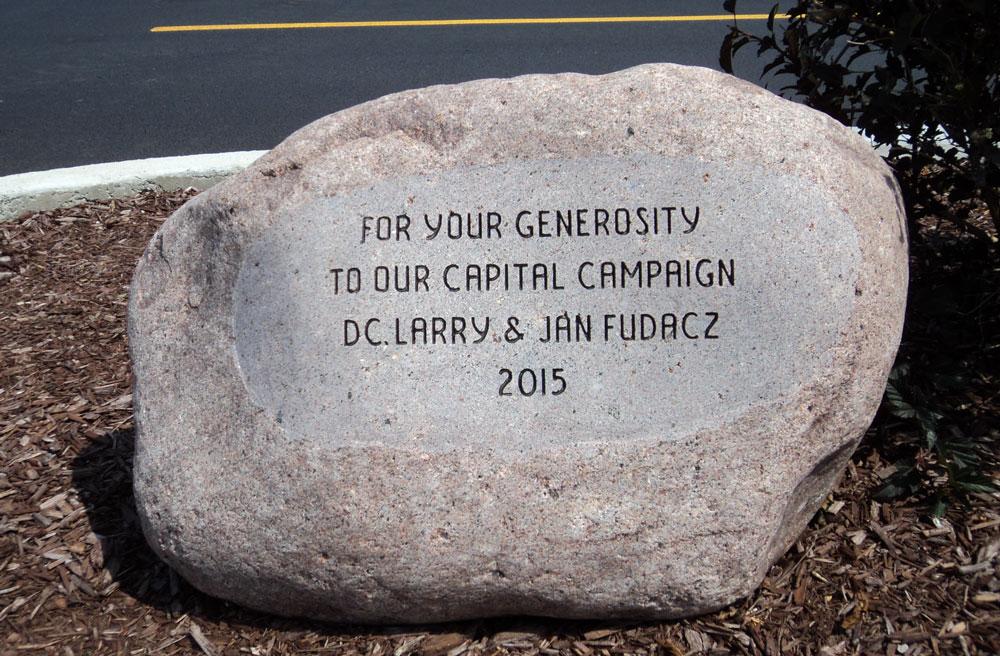 Donor recognition engraved boulder with text
