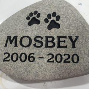 Black inscription of name and paw prints on rock