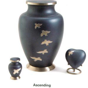 Blue gray urn with gold detailing and dove engravings