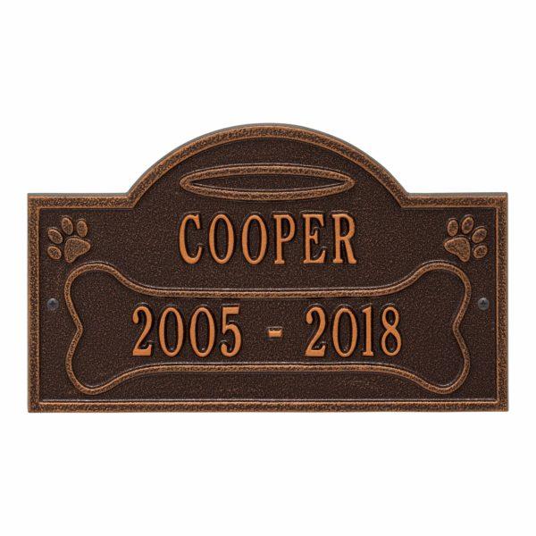 Ground antique copper plaque finish with image of two pet paws and dates