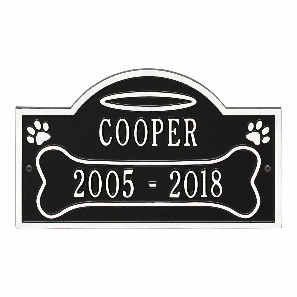 Ground black and white plaque finish with image of two pet paws and dates