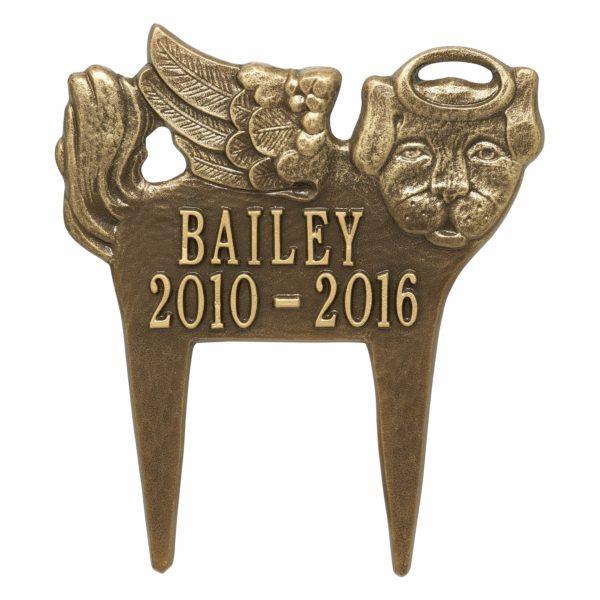 Brass female guardian angel dog lawn plaque