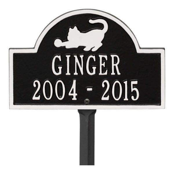 Small black and white plaque finish with image of cat and dates