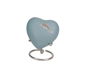 Small light blue heart shaped urn with grey dolphin
