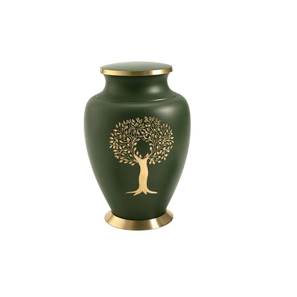 Large dark green urn with bronze and green lid