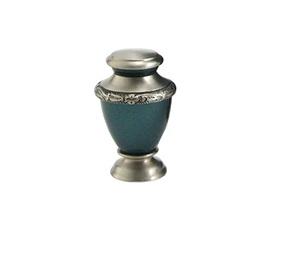 Small dark teal urn with silver lid