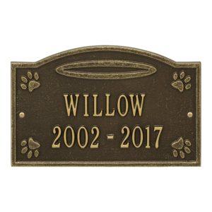 Ground antique brass plaque finish with image of pet paws and dates