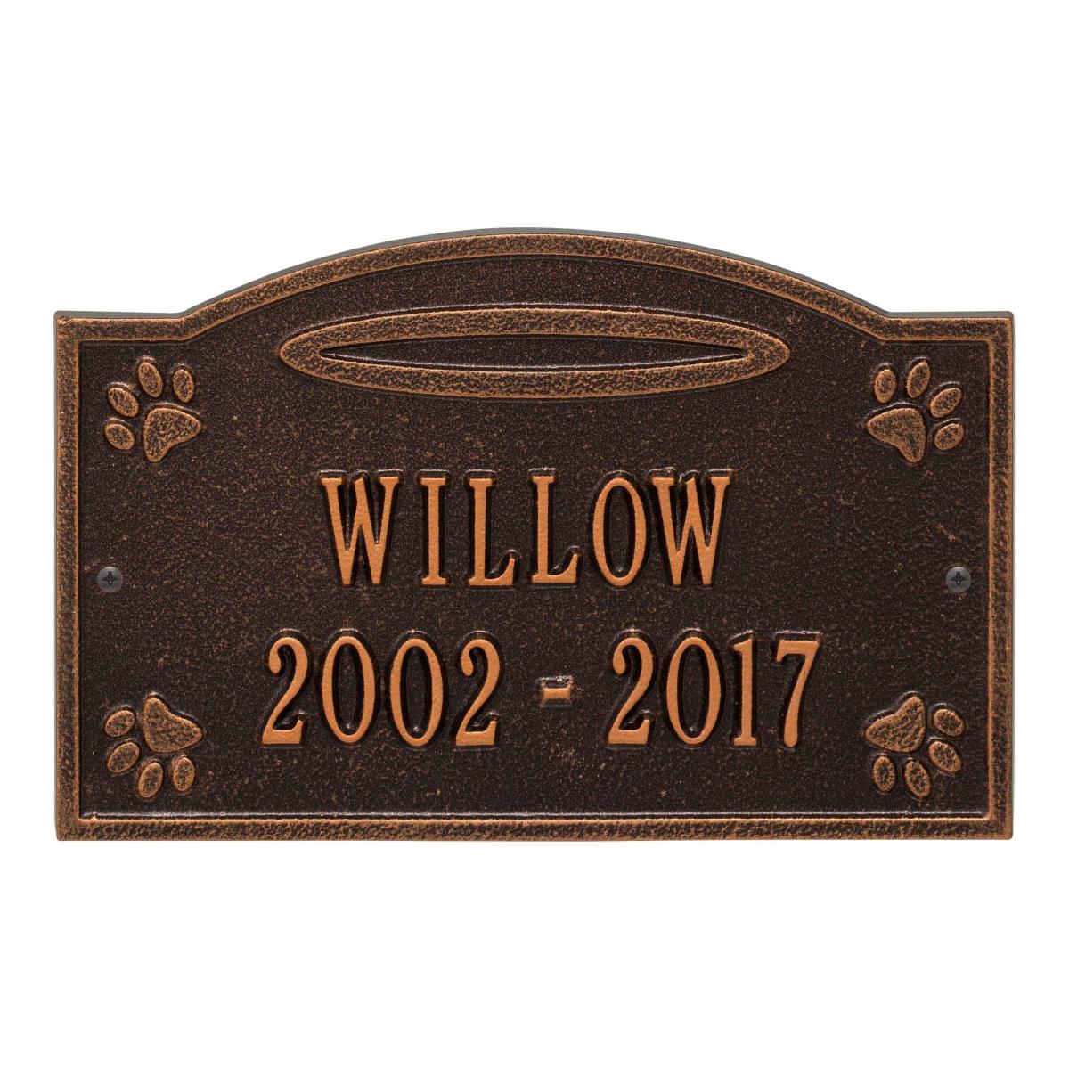 Ground antique cooper plaque finish with image of pet paws and dates