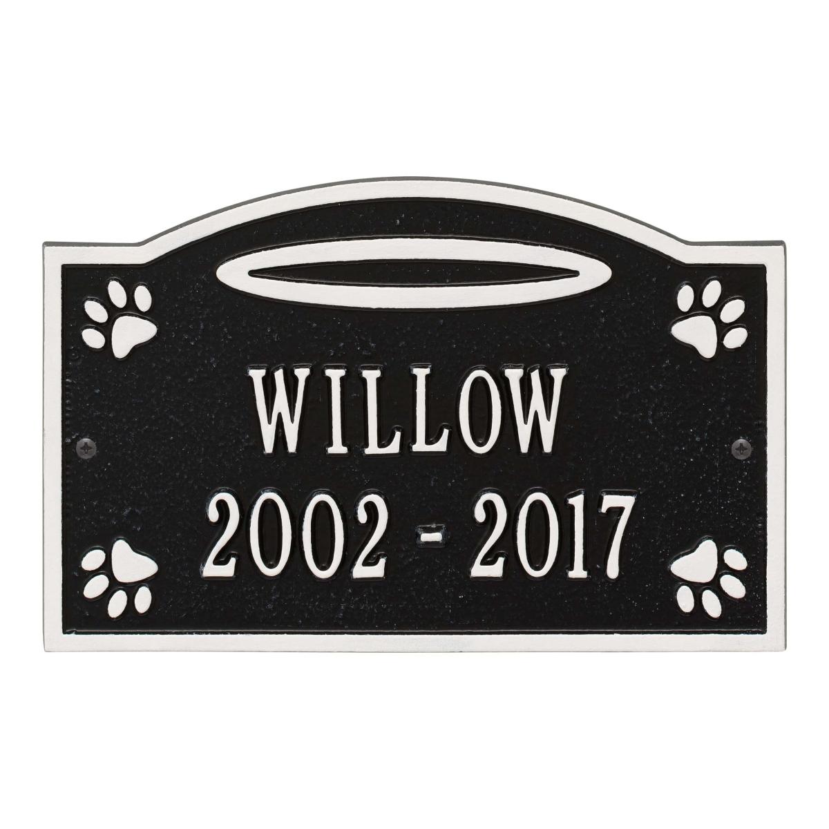 Ground black and white plaque finish with image of pet paws and dates