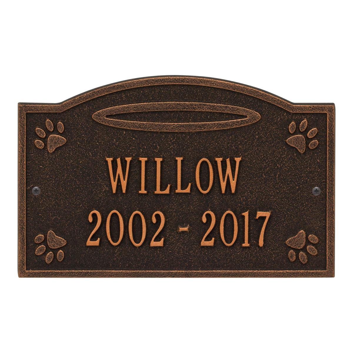 Ground oil rubbed bronze plaque finish with image of pet paws and dates