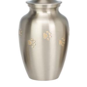 Large pewter urn with gold paw prints and lid