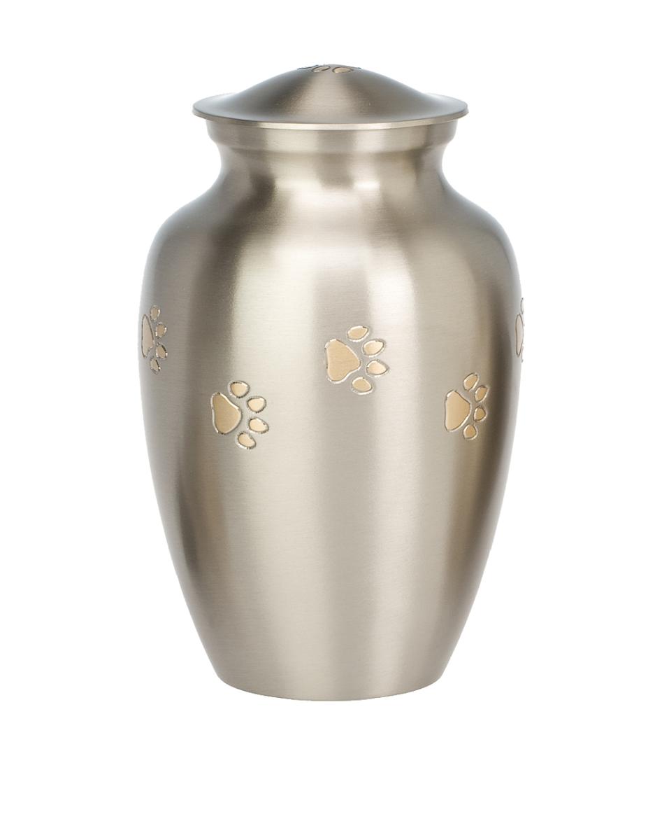Large pewter urn with gold paw prints and lid